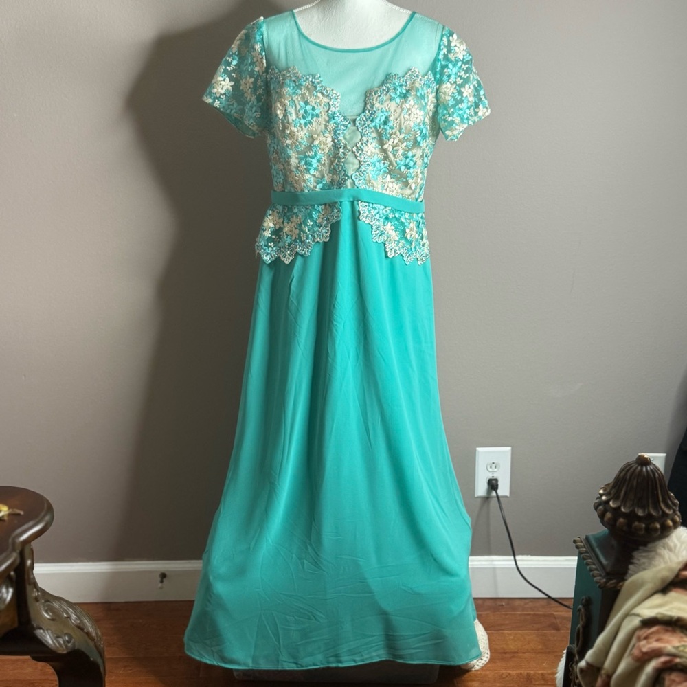 Fabuluxe Couture Turquoise Sequin Beaded Bodice Maxi Dress Wedding Guests Sz XXL